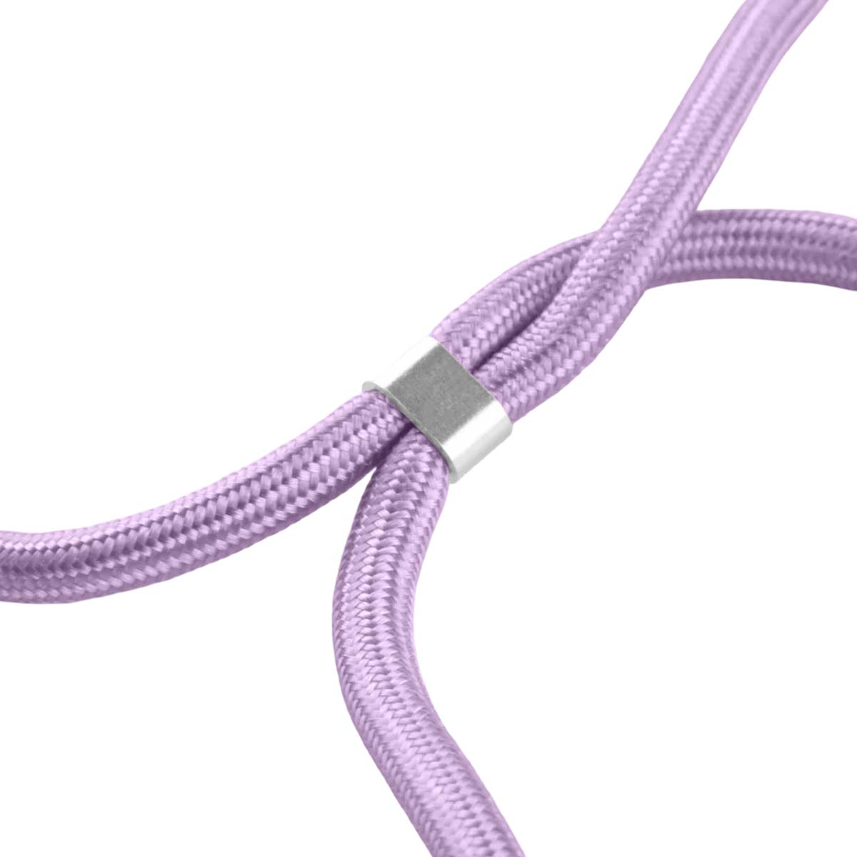 Dos cordones morados trenzados están unidos por un bucle plateado.