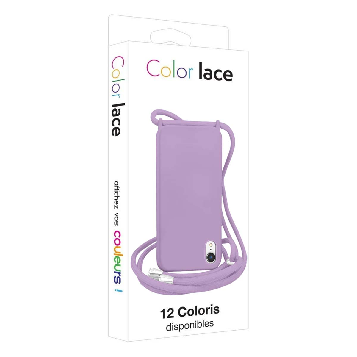 Funda morada para móvil con cordón, en embalaje. Marca 'Color lace'.