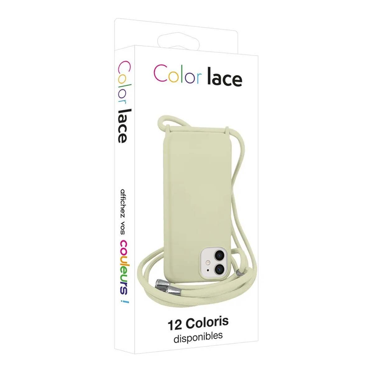 Beige Handyhülle mit Lanyard und "Color lace" Logo.