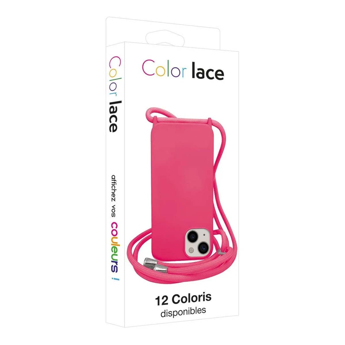 Verpackung mit einem hellrosa Handyhülle und Schnur. Text: Color lace.