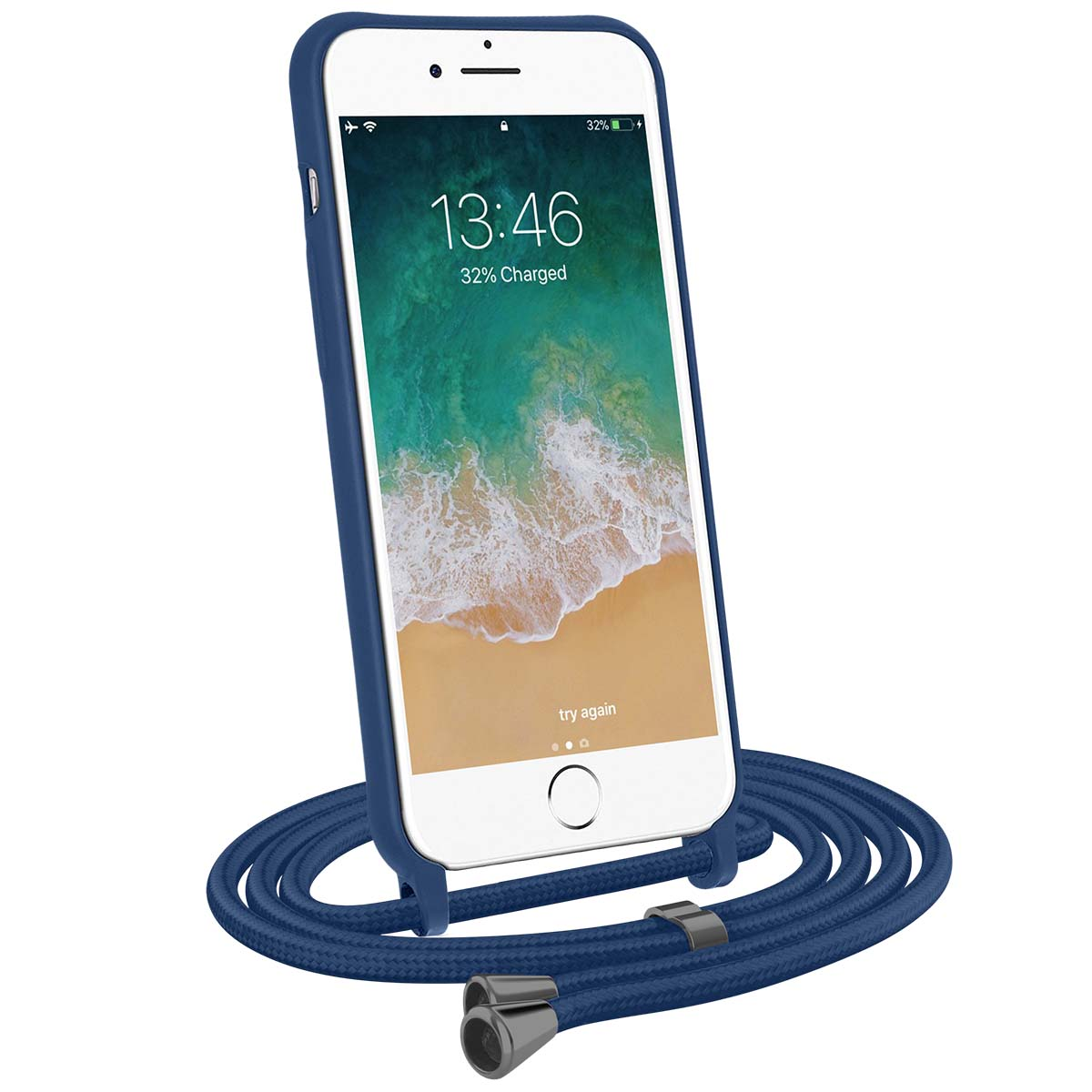 Ein blaues iPhone mit einem Lanyard, das auf einem weißen Hintergrund liegt.