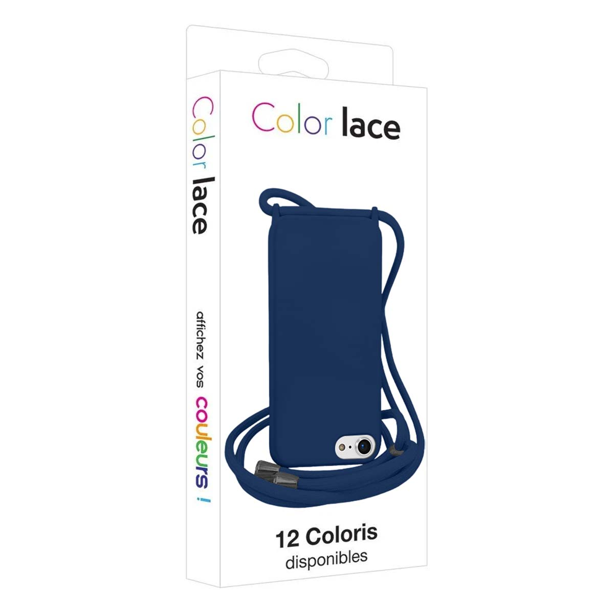 Dunkelblaue Handyhülle mit Umhängeband auf weißem Karton. "Color Lace" Logo.