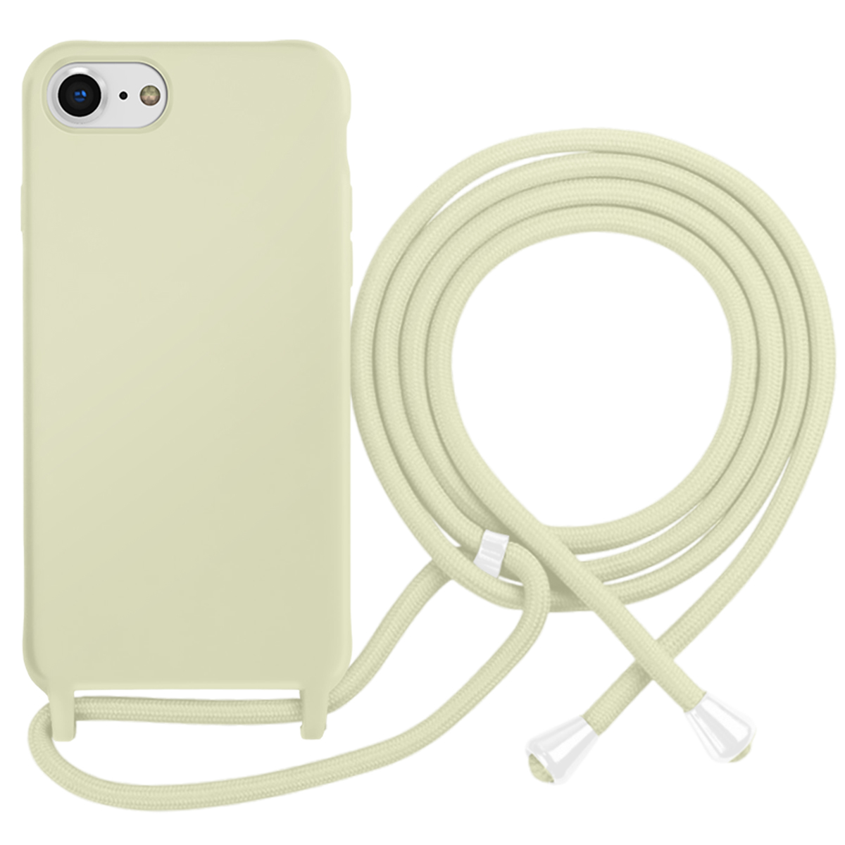 Una funda de teléfono verde pálido con una correa ajustable al lado.