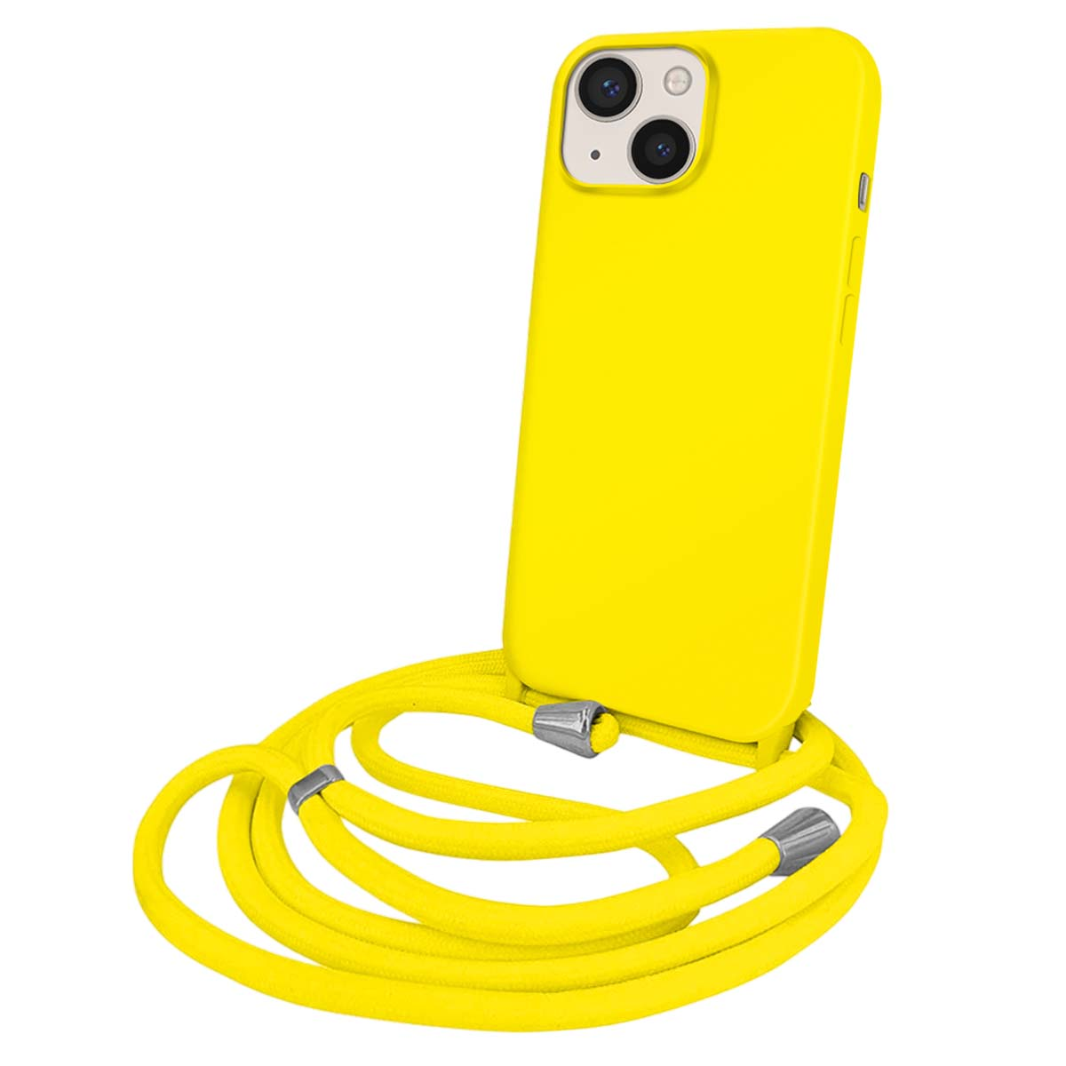 Ein leuchtend gelbes Smartphone mit einer passenden Halskette.