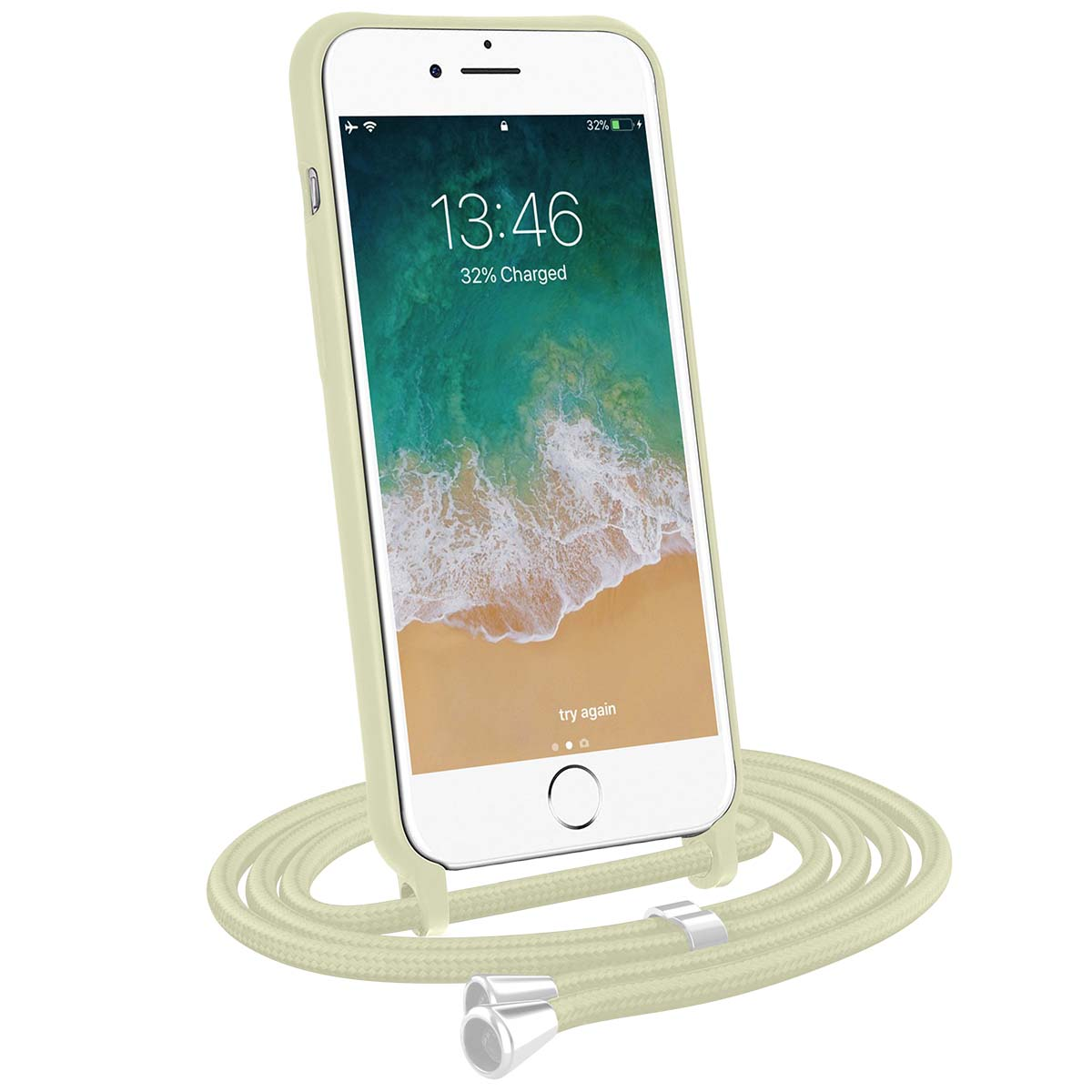 Un iPhone verde claro con funda y cordón se muestra sobre fondo blanco.