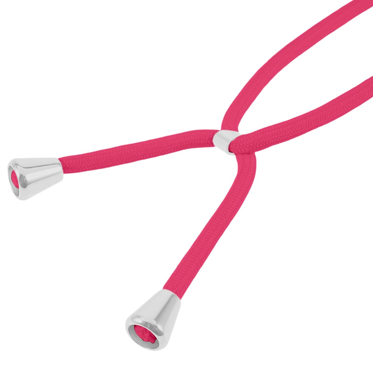 Eine schlaffe, leuchtend pinke Kordel mit silbernen Endkappen auf weißem Hintergrund.