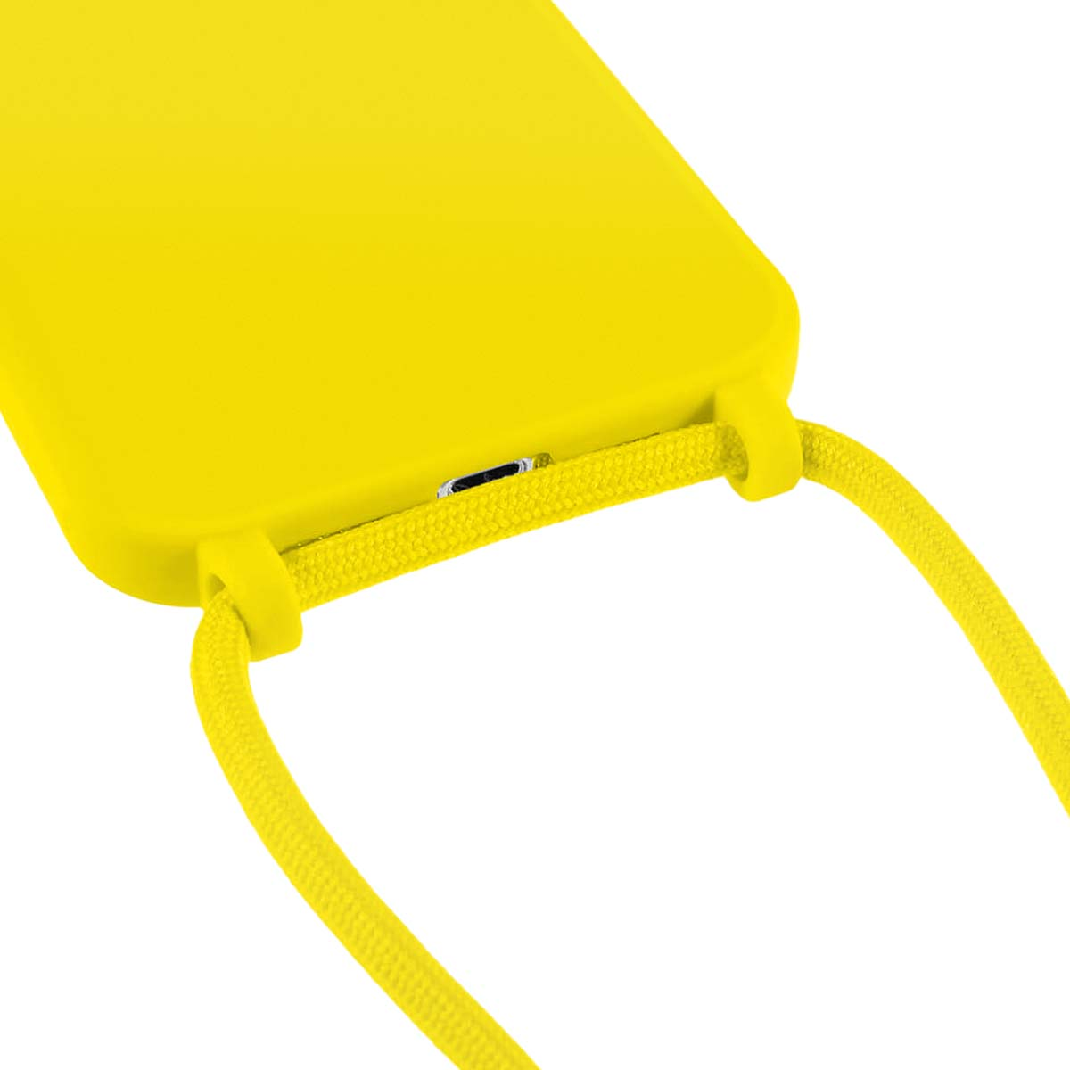 Gelbes Handyhülle mit Lanyard und sichtbarem Ladeanschluss.