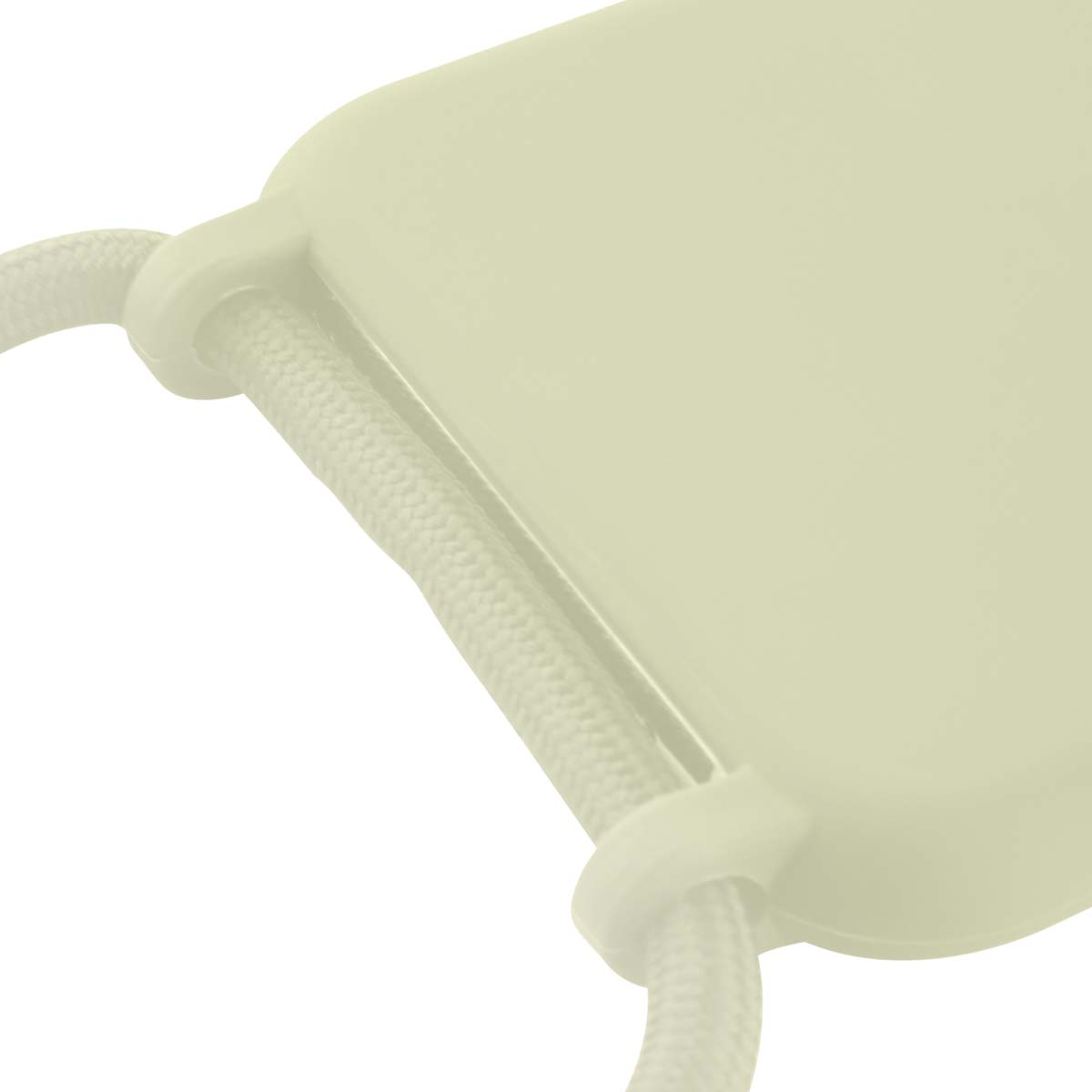 Una funda de teléfono amarillo claro con cordón blanco pasado por bucles.