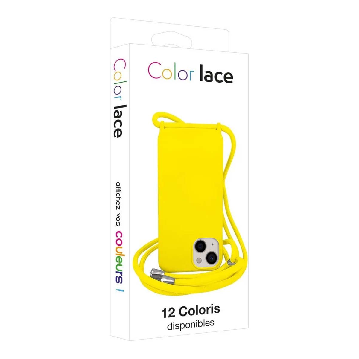 Verpackung mit einer gelben Handyhülle und einem Halsband.