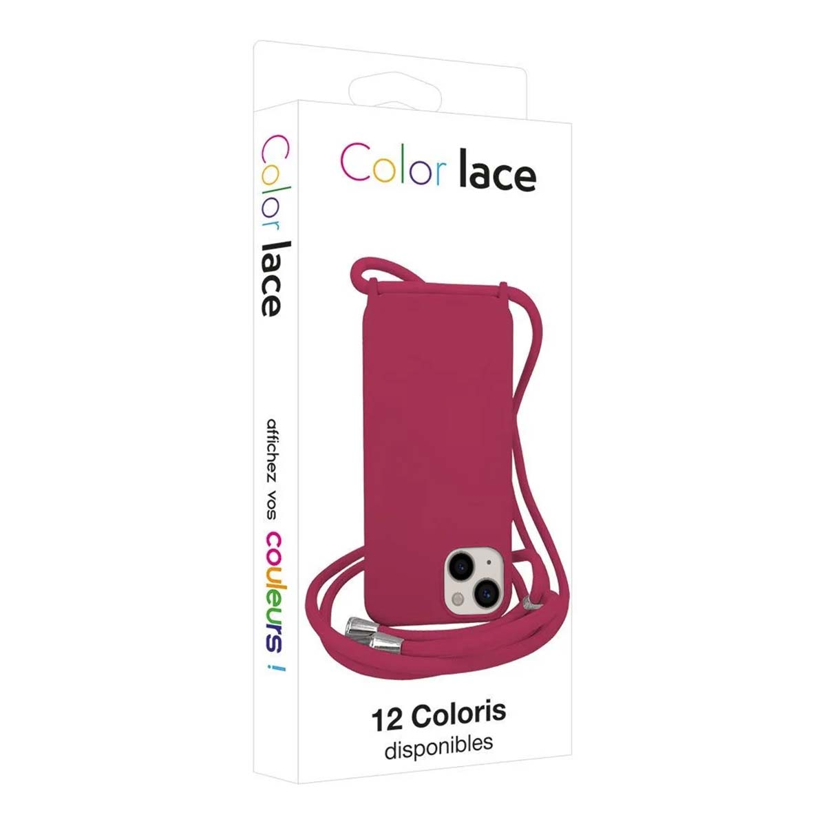 Verpackung eines magenta Handycovers mit Band. Zeigt das Logo 'Color lace'.
