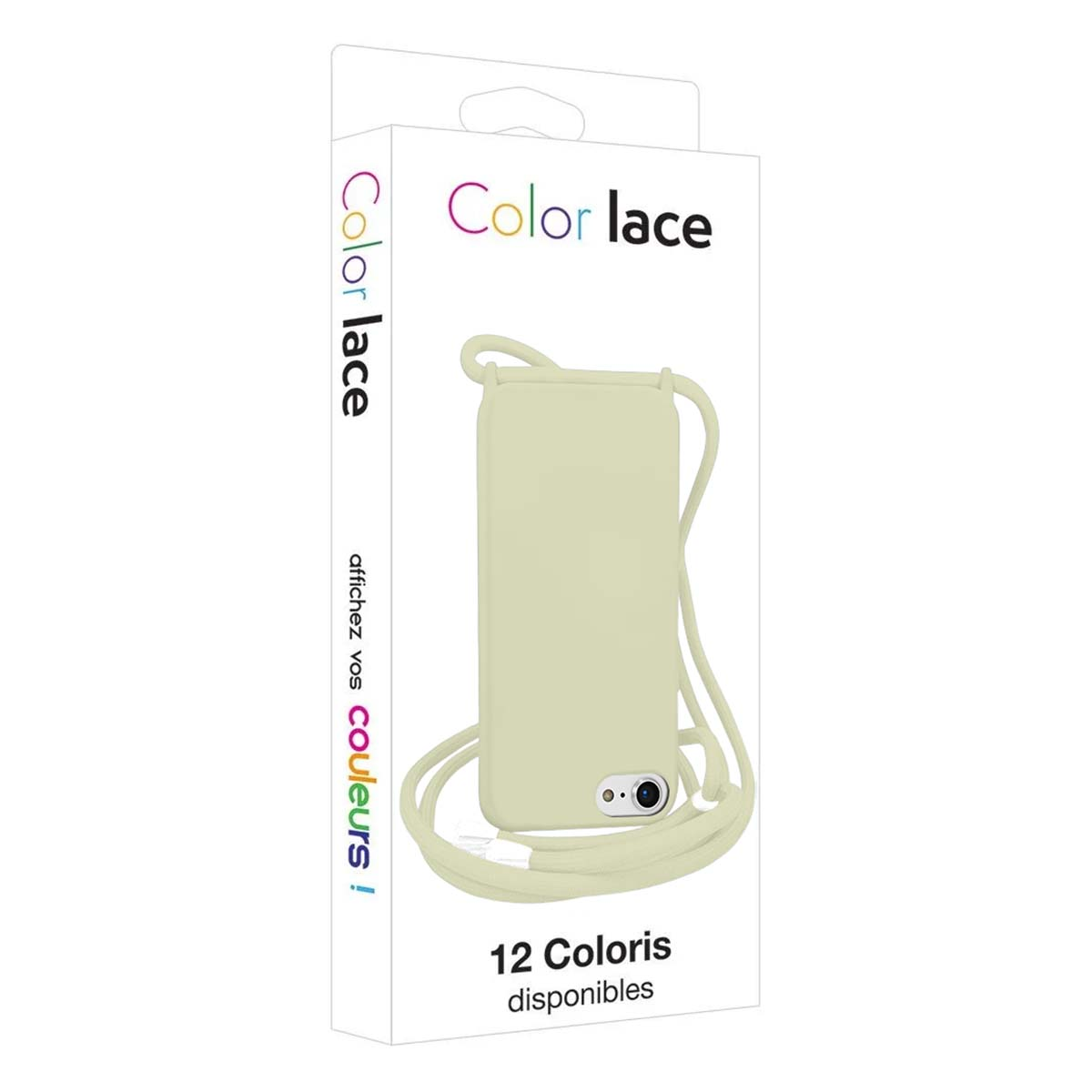 Una funda de teléfono amarillo pálido con cordón, en su embalaje.