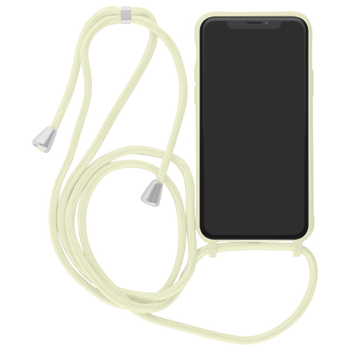 Un teléfono amarillo claro con funda de cordón y cuerda sobre fondo blanco.