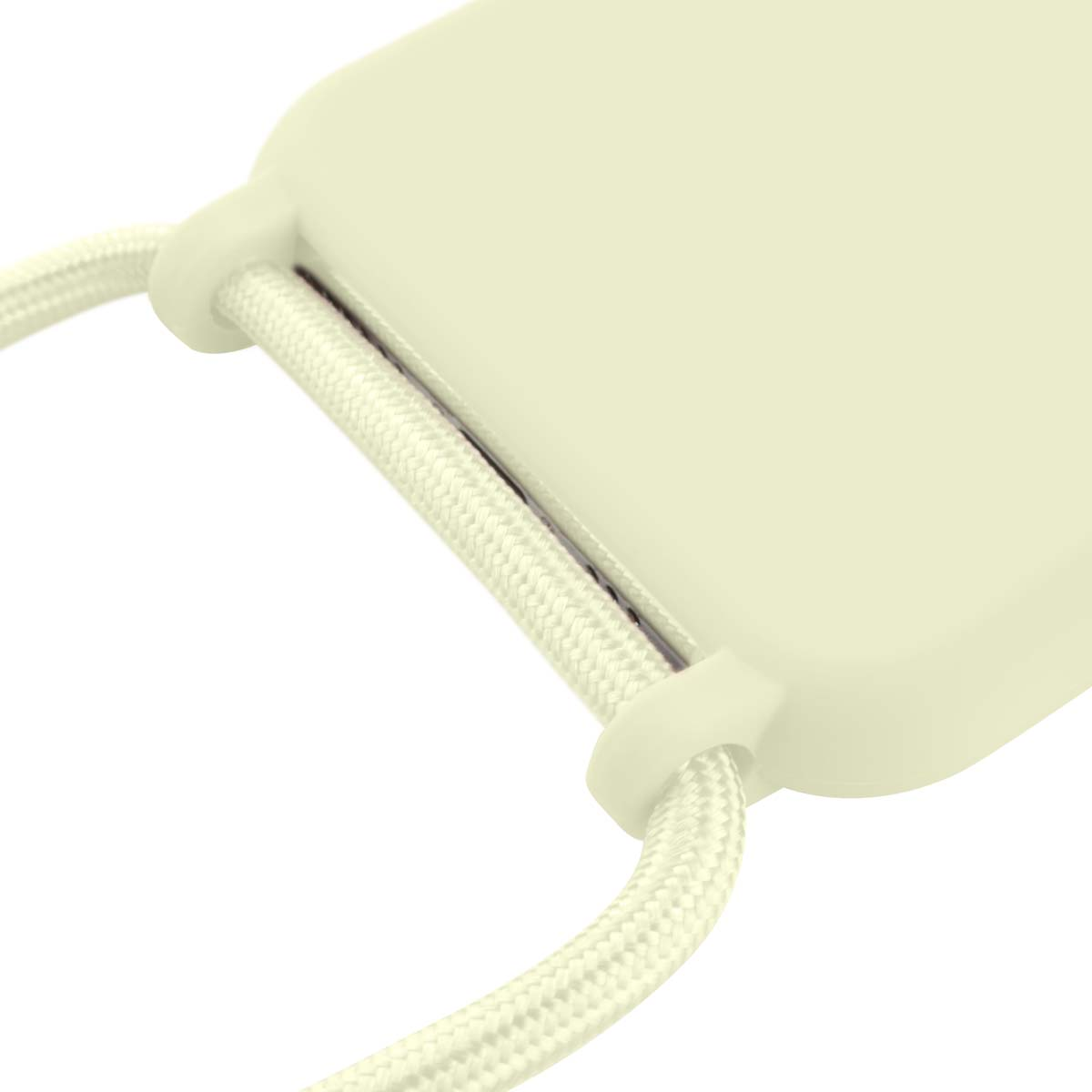 Una funda de teléfono color crema con cordón tejido