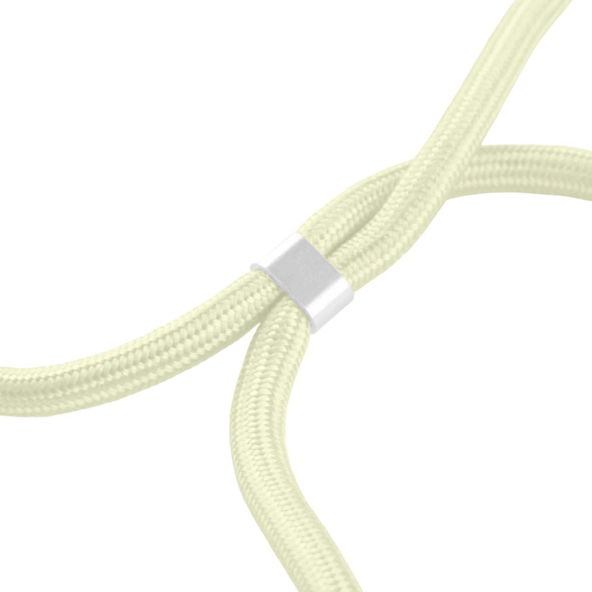 Dos cables color crema se cruzan, sujetos por un lazo plateado.
