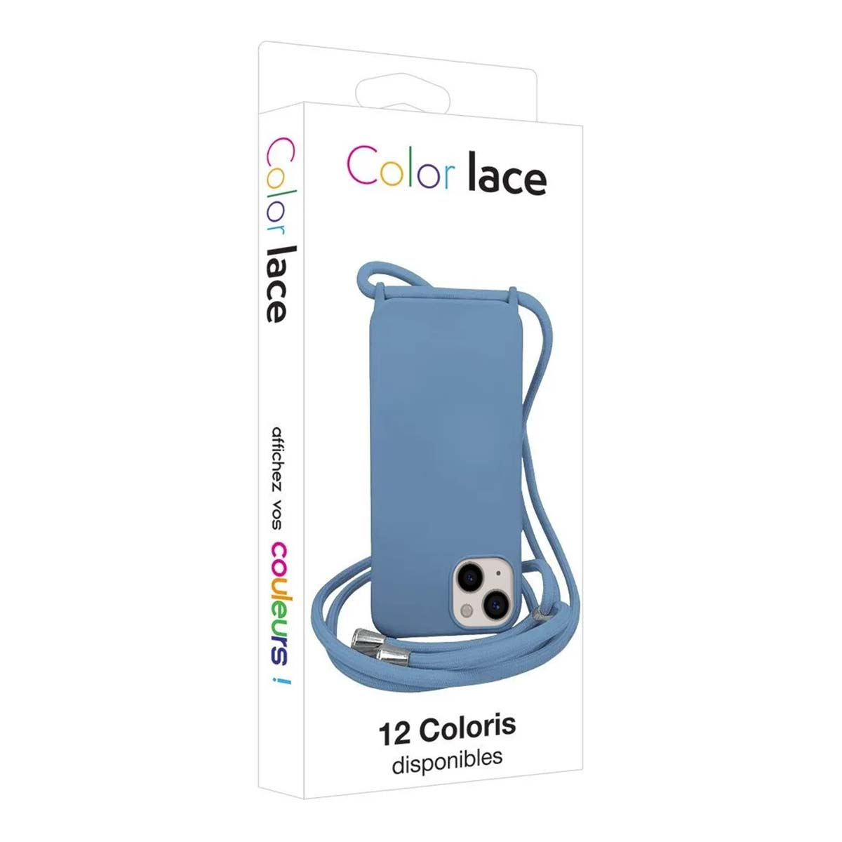 Blaue Handyhülle mit Trageband, verpackt in einer weißen Box.