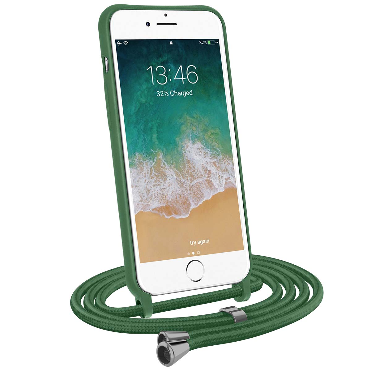 Grünes iPhone mit Band und Strandhintergrund