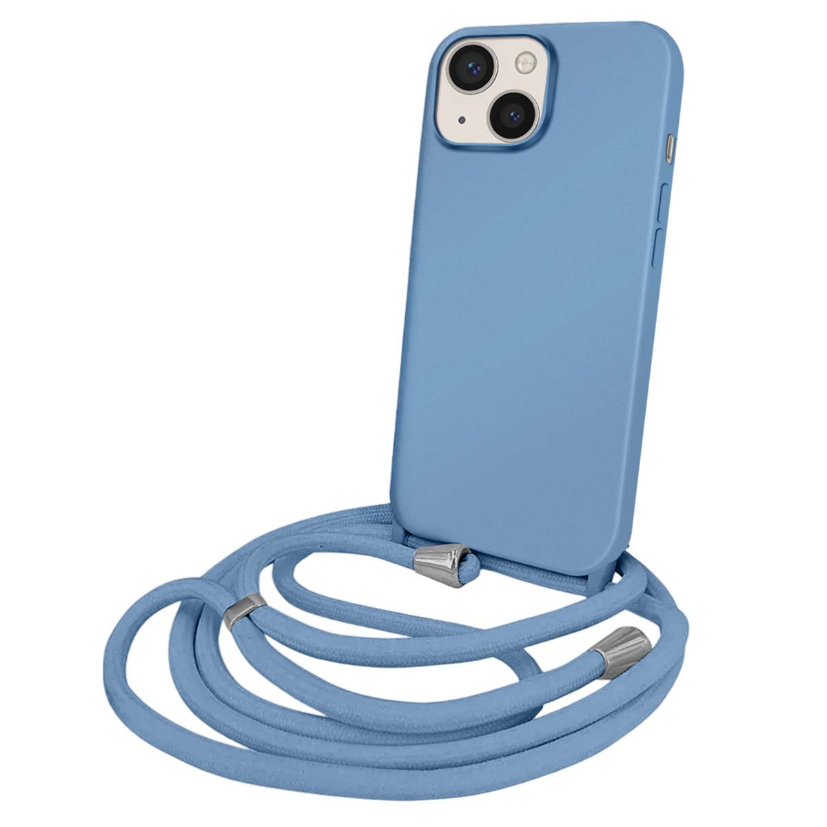 Ein blaues iPhone mit einer Kordel, die um es herumgewickelt ist.