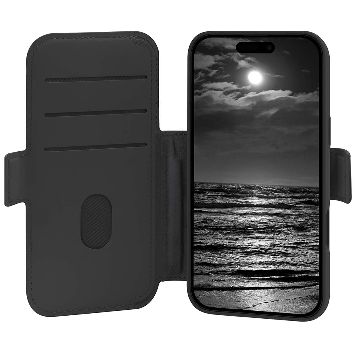 Téléphone noir dans un étui à rabat. L'écran montre une nuit de clair de lune sur l'océan.