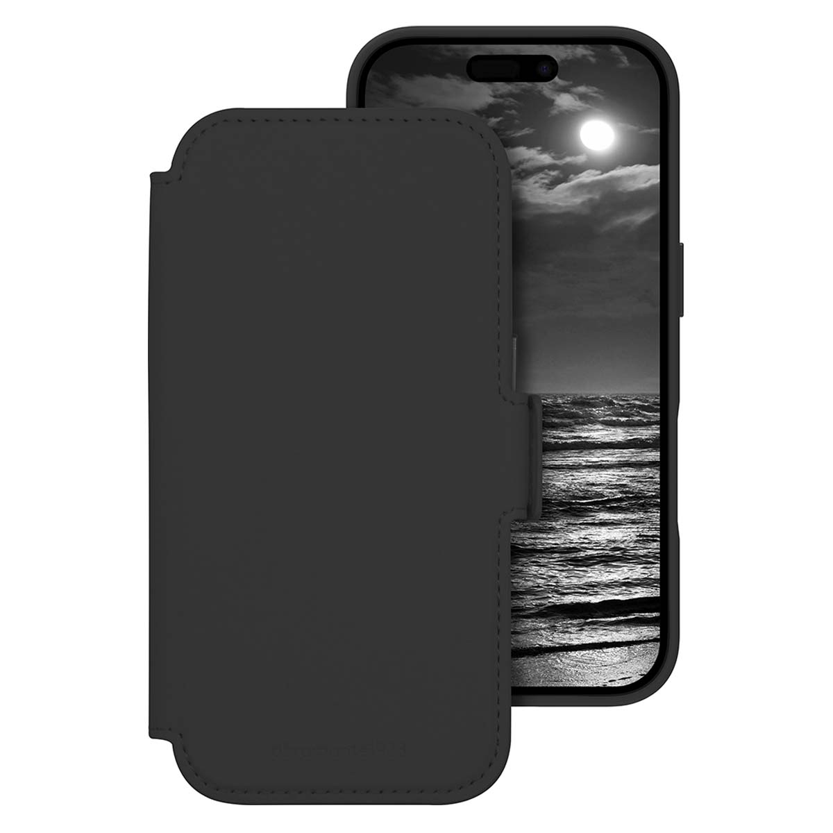 Étui de téléphone noir avec couverture ouverte révélant une scène de mer nocturne.