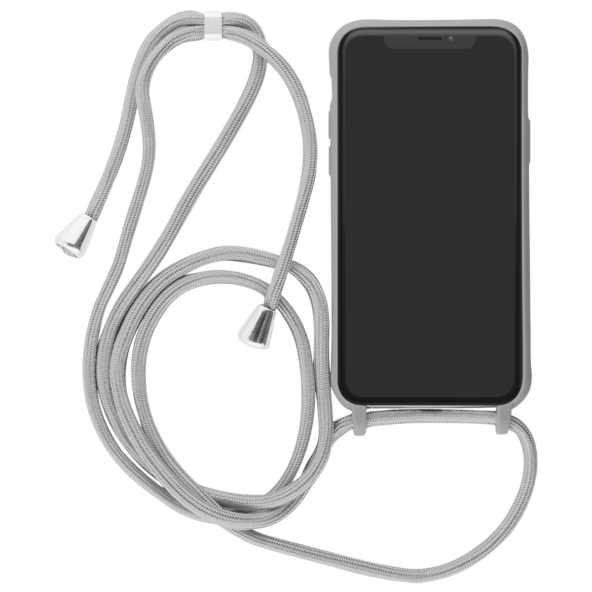 Teléfono gris con cordón y extremos plateados sobre fondo blanco.