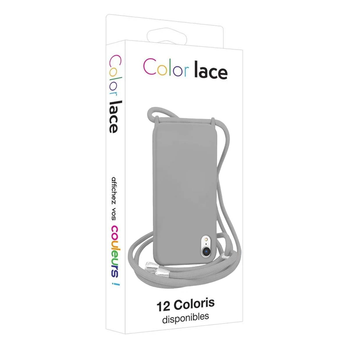 Funda gris para teléfono con cordón en embalaje, logo 'Color Lace'.
