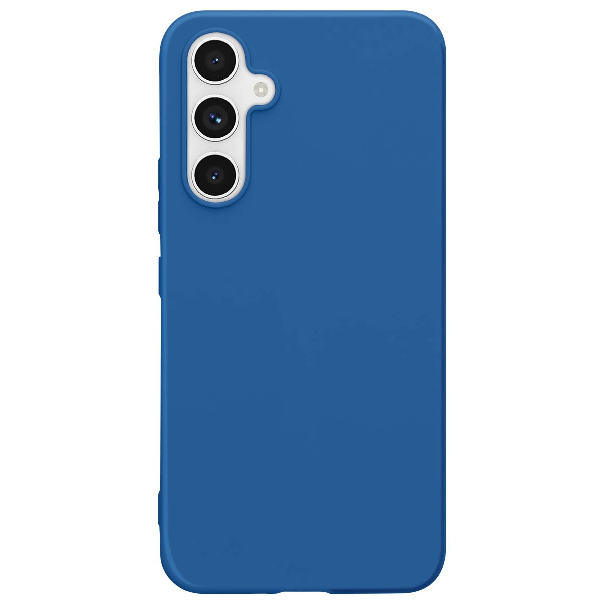 Eine blaue Handyhülle mit drei Kameralinsen und Blitz.