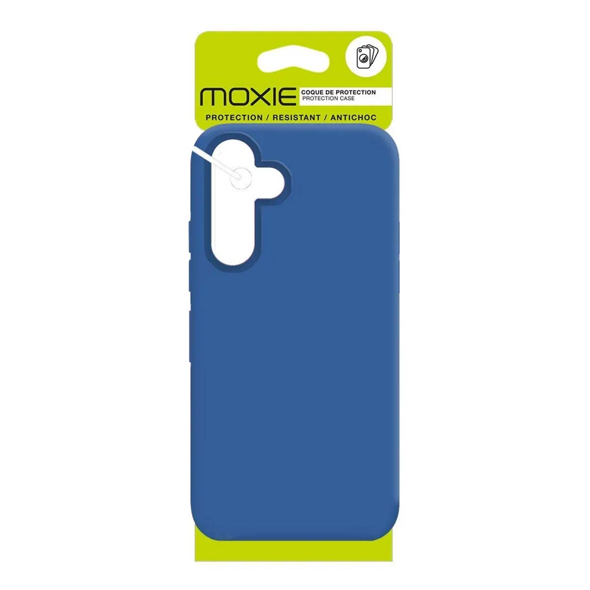 Eine blaue Handyhülle von Moxie liegt auf einer grünen Verpackung.