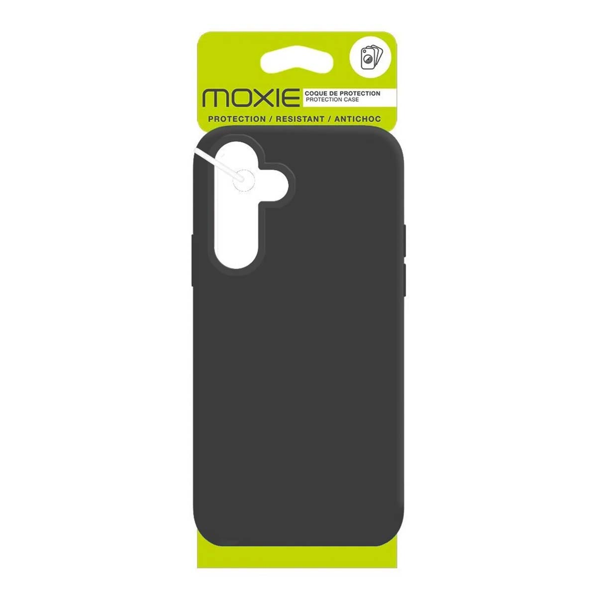 Schwarze Handyhülle mit MOXIE-Logo auf Verpackung.