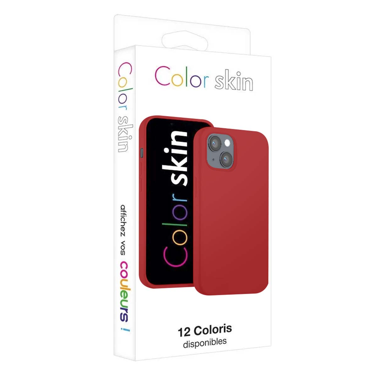 Rote Handyhülle und Verpackung mit Schriftzug "Color skin" und "12 Coloris disponibles".