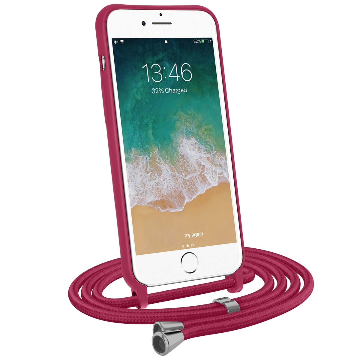 Ein pinkes iPhone mit Lanyard und Wellen-Hintergrundbild.
