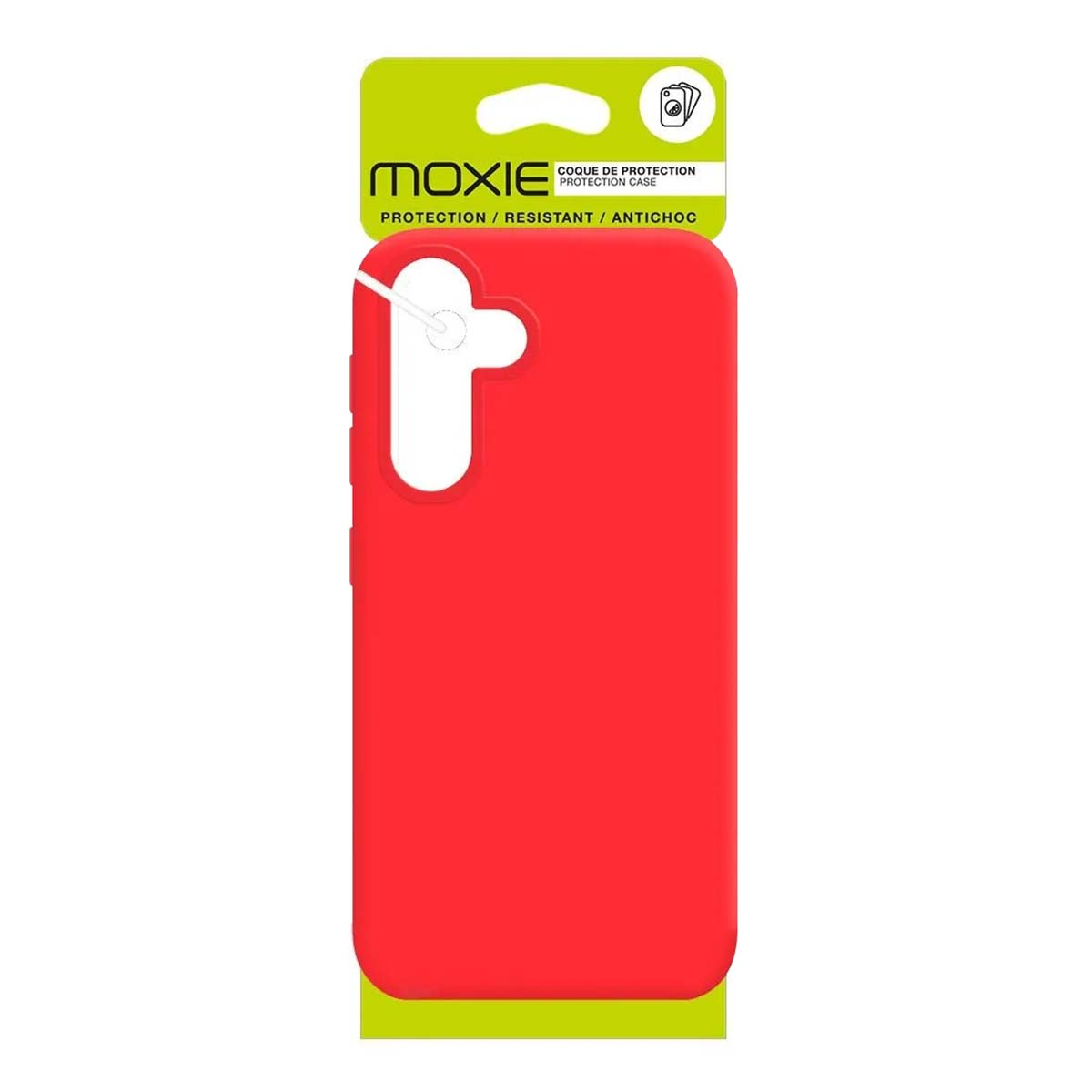Rote Handyhülle der Marke Moxie mit Schutzangaben auf der Verpackung.