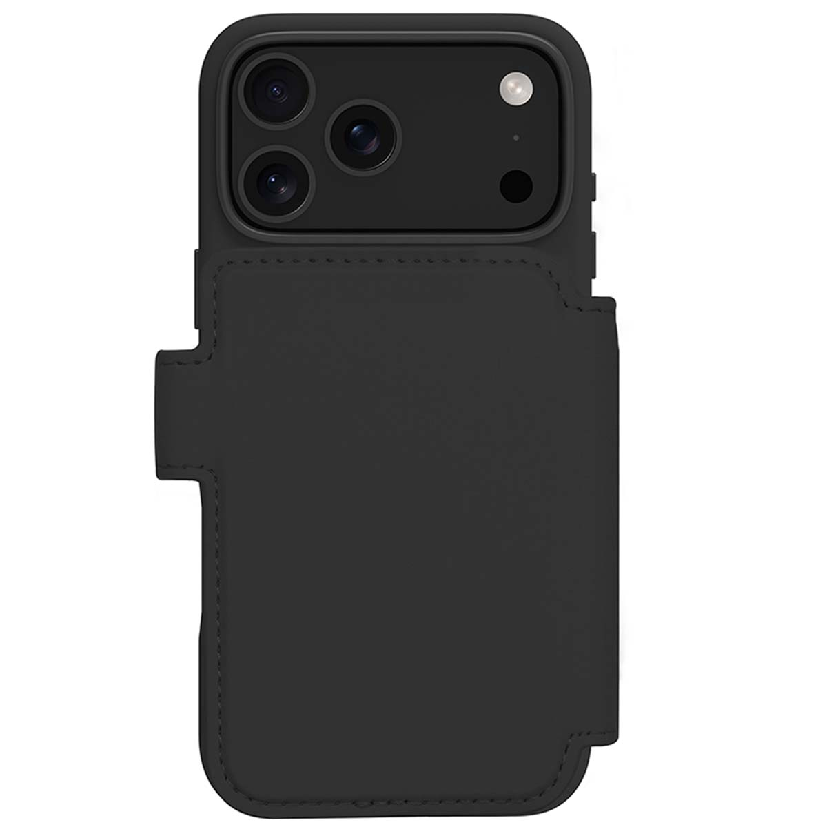 Funda negra para teléfono con tres cámaras y una solapa.