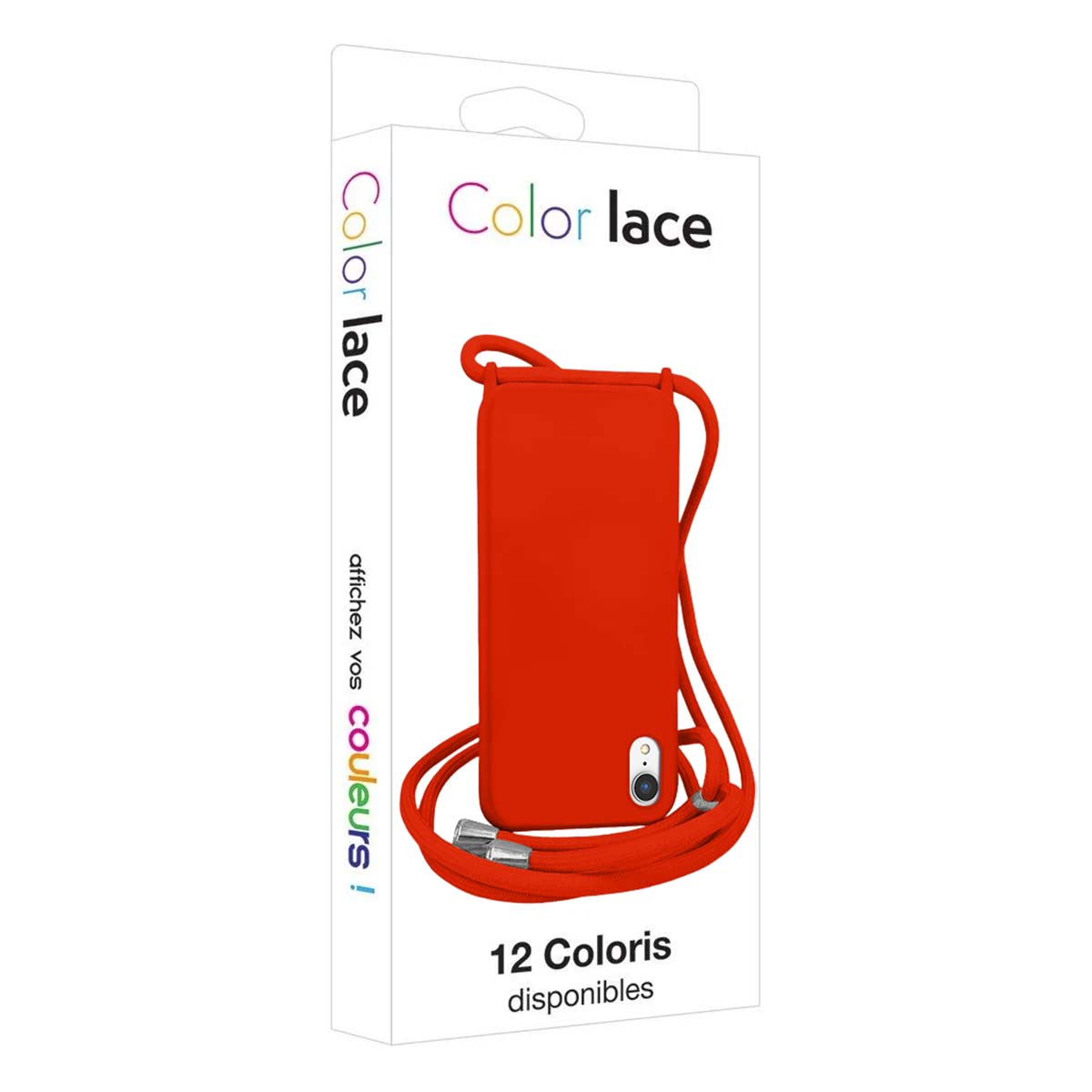 Verpackung mit roter Handyhülle und Band. "Color Lace" Logo.