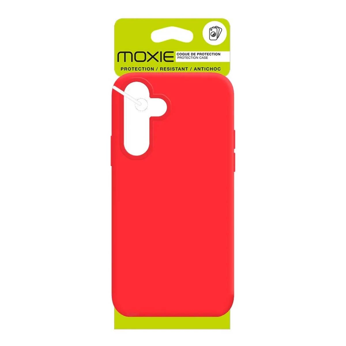 Eine rote Handyhülle mit "MOXIE"-Logo und Schutzangaben auf der Verpackung.