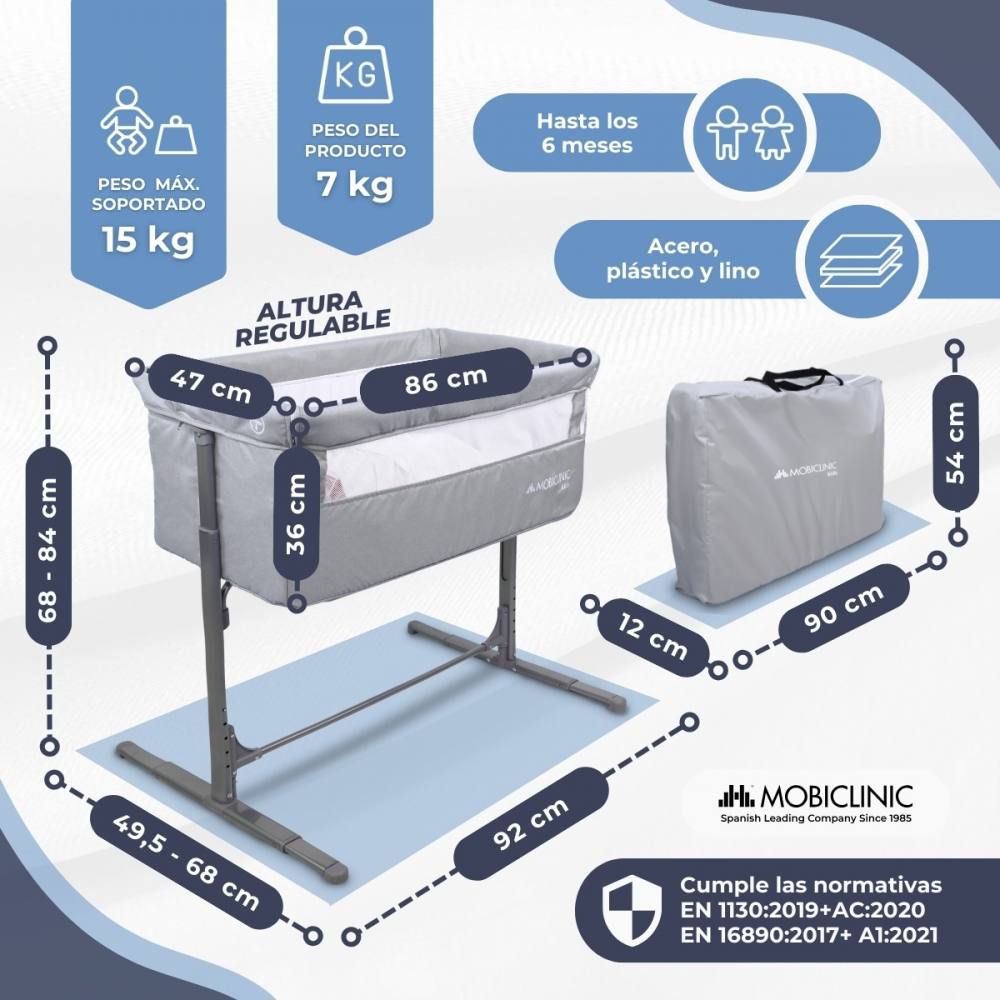 Cuna de colecho: 86x47x36 cm, altura regulable 68-84 cm. Carga máx. 15 kg.
