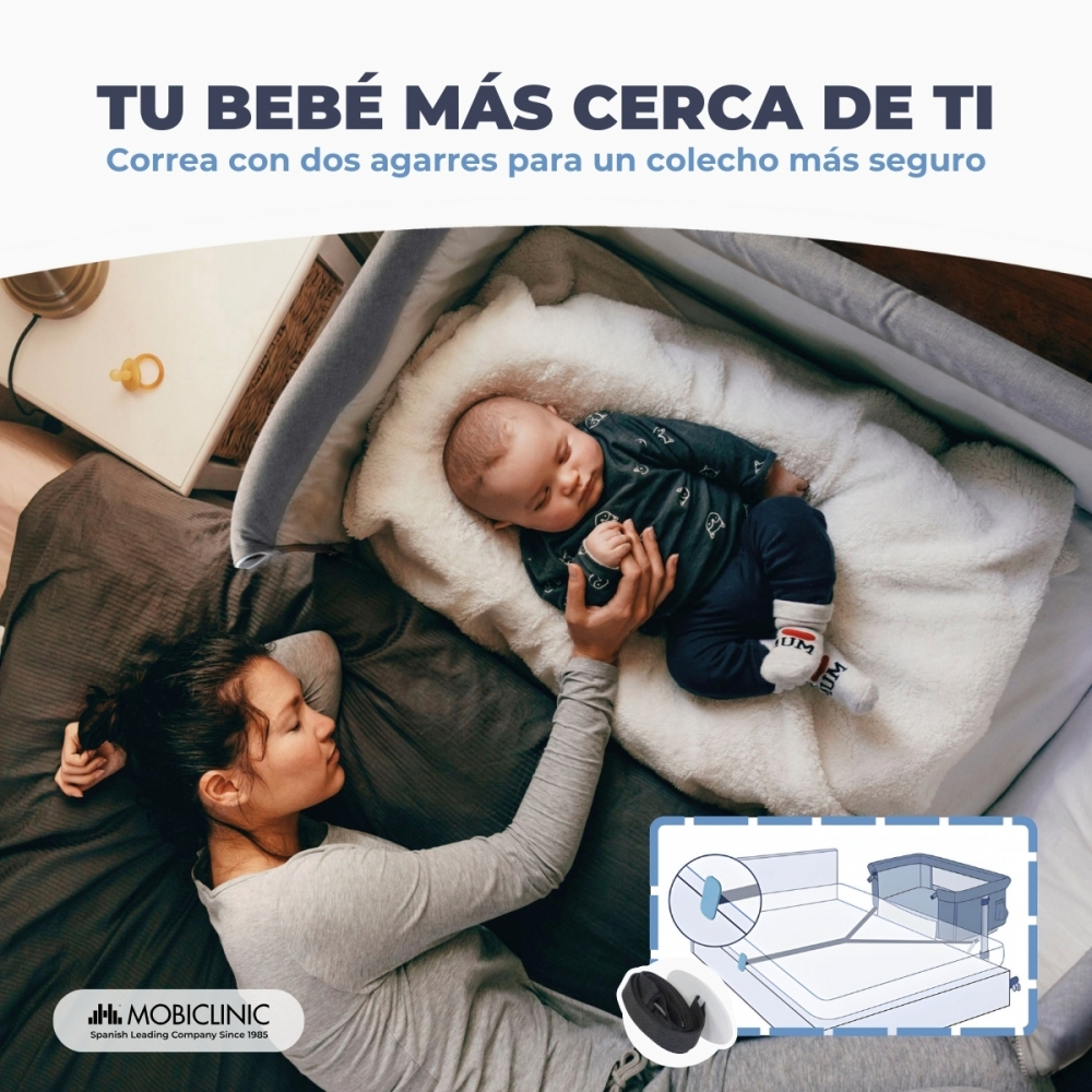 Una mujer yace junto a un bebé en la cama. Una ilustración muestra un sistema de correas.