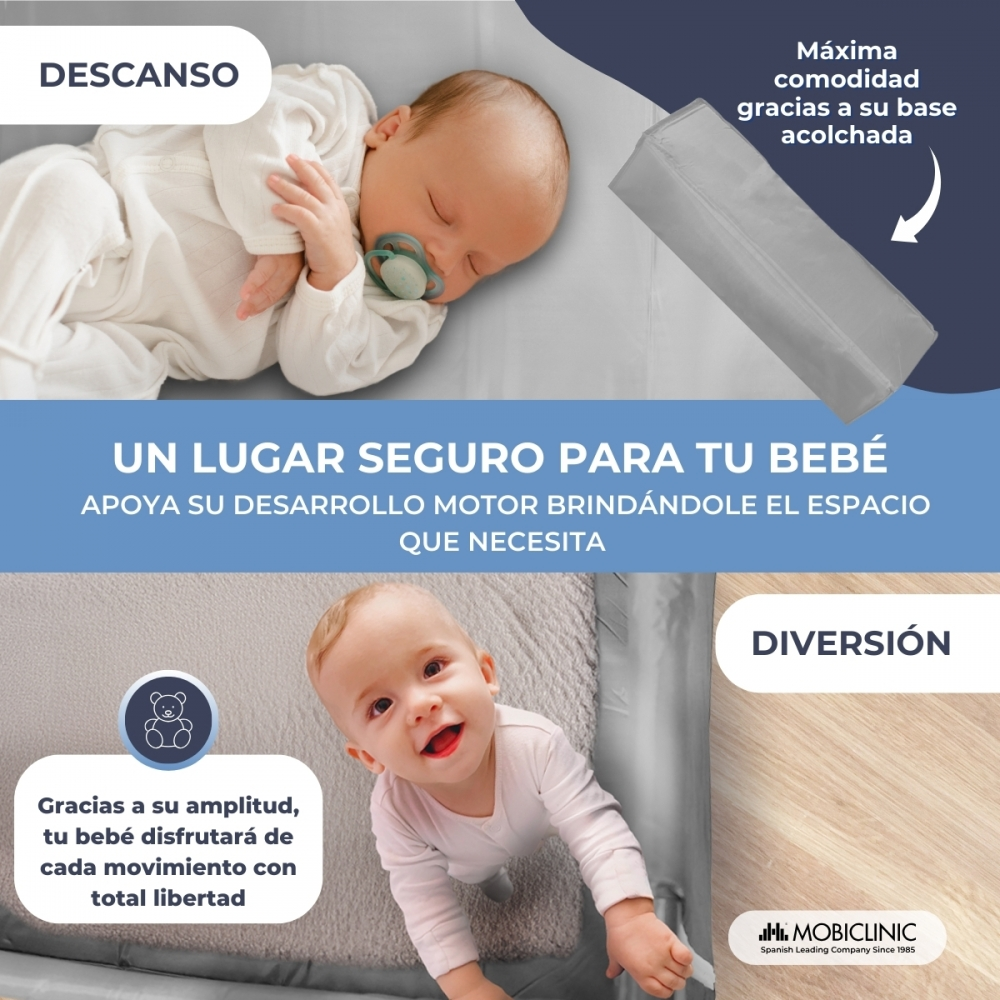 Un bebé durmiendo y un bebé gateando, con texto sobre seguridad y diversión.