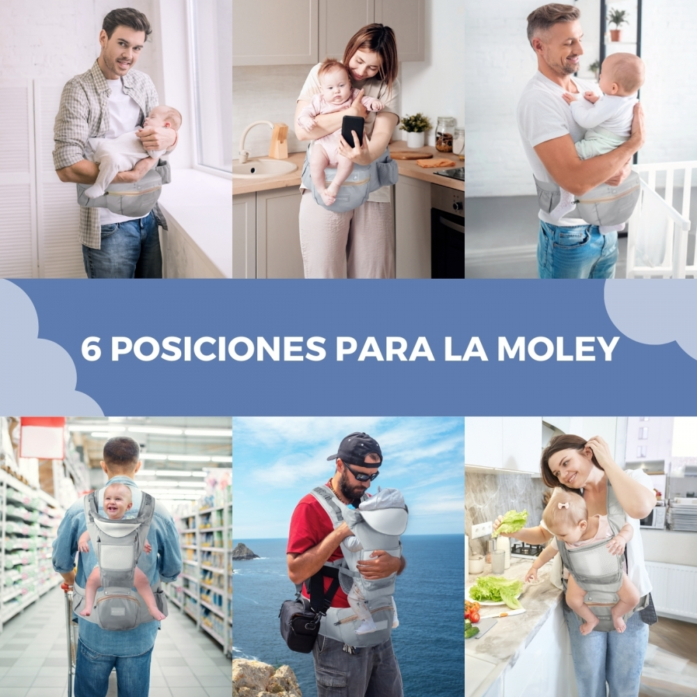Seis posiciones de portabebés: hombres y mujeres con bebés en portabebés interior y exterior.