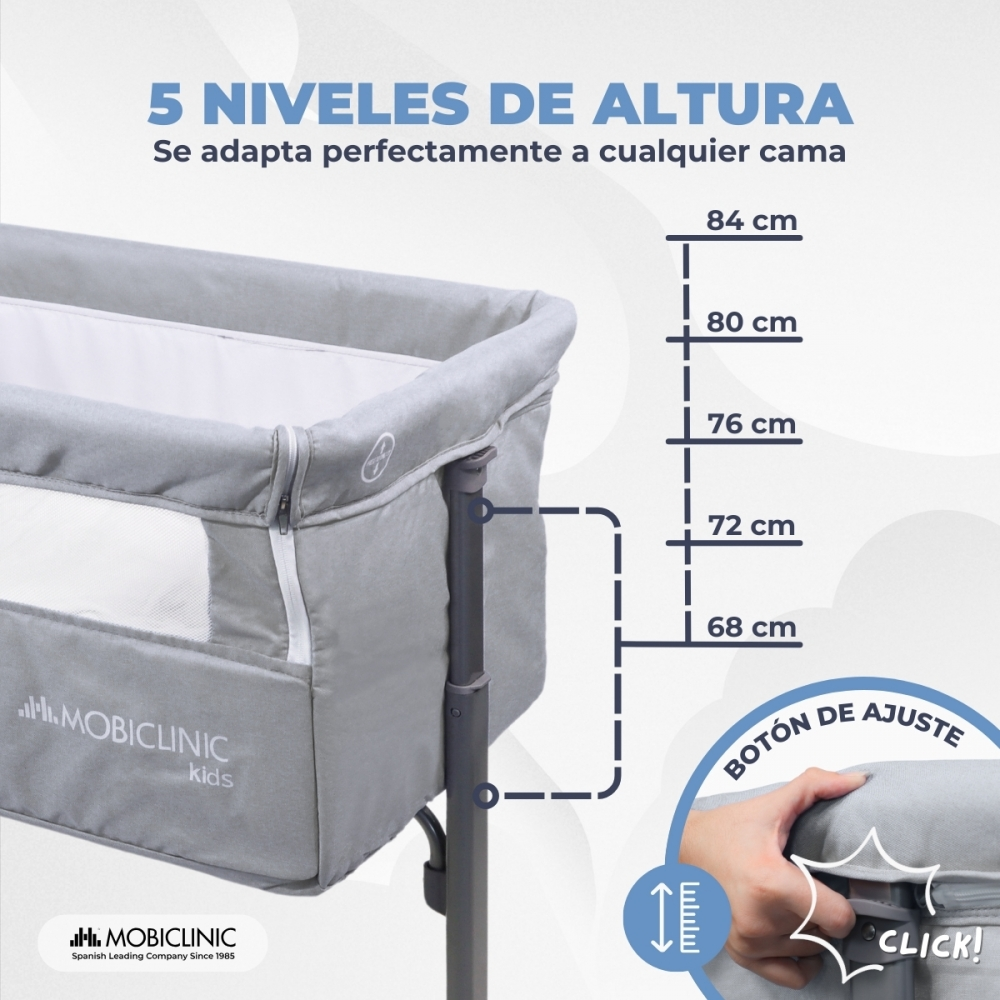 Cuna de colecho gris con ajuste de altura de 68-84 cm.