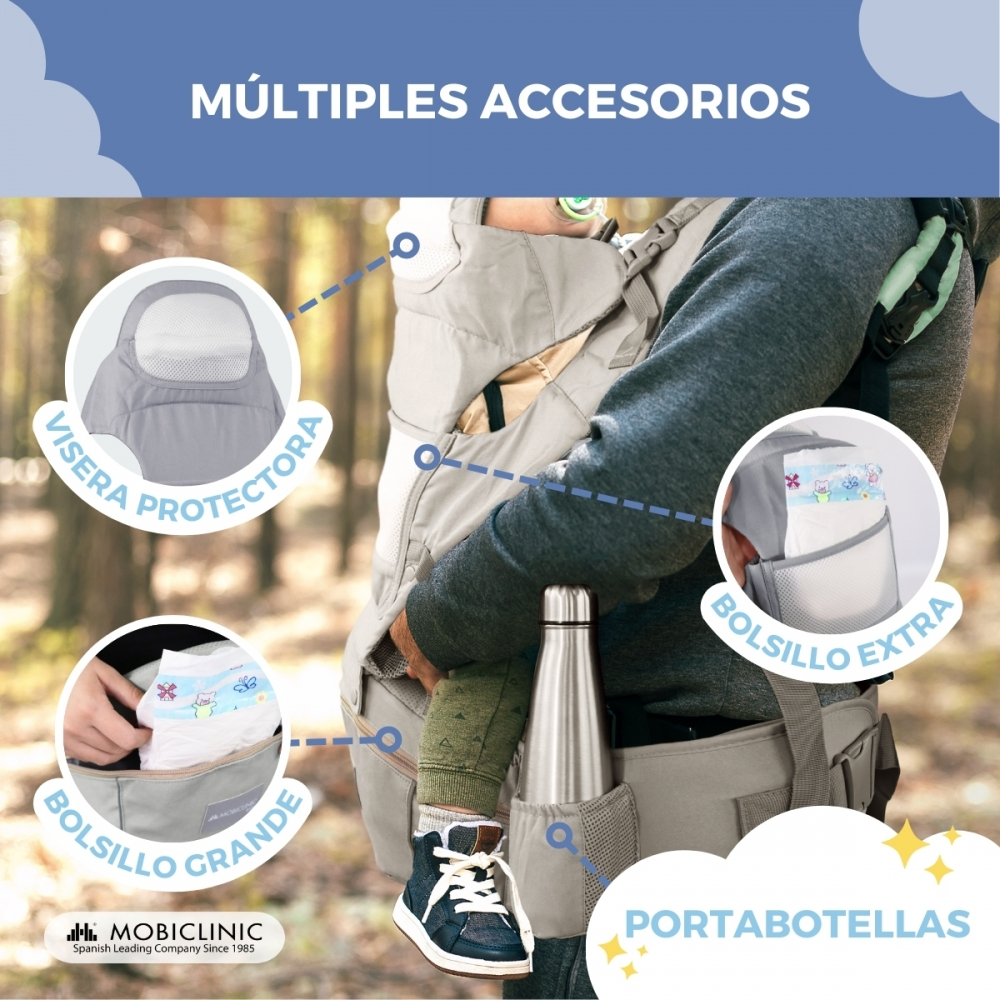 Portabebés con accesorios: visera, bolsillos para pañales y portabotellas.