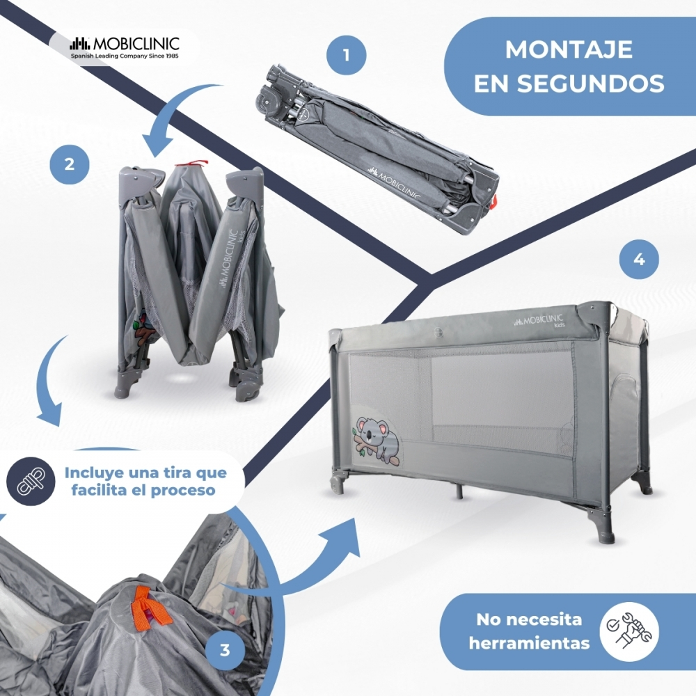 Cuna plegable gris mostrada en 4 pasos de montaje. Montaje en segundos. No necesita herramientas.