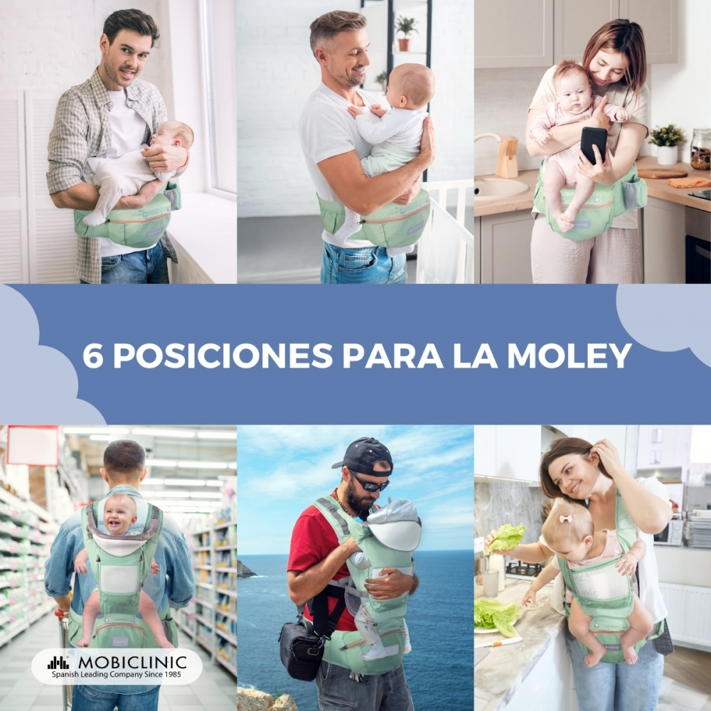 Seis posiciones para llevar bebés: Hombres y mujeres portan bebés en portabebés.