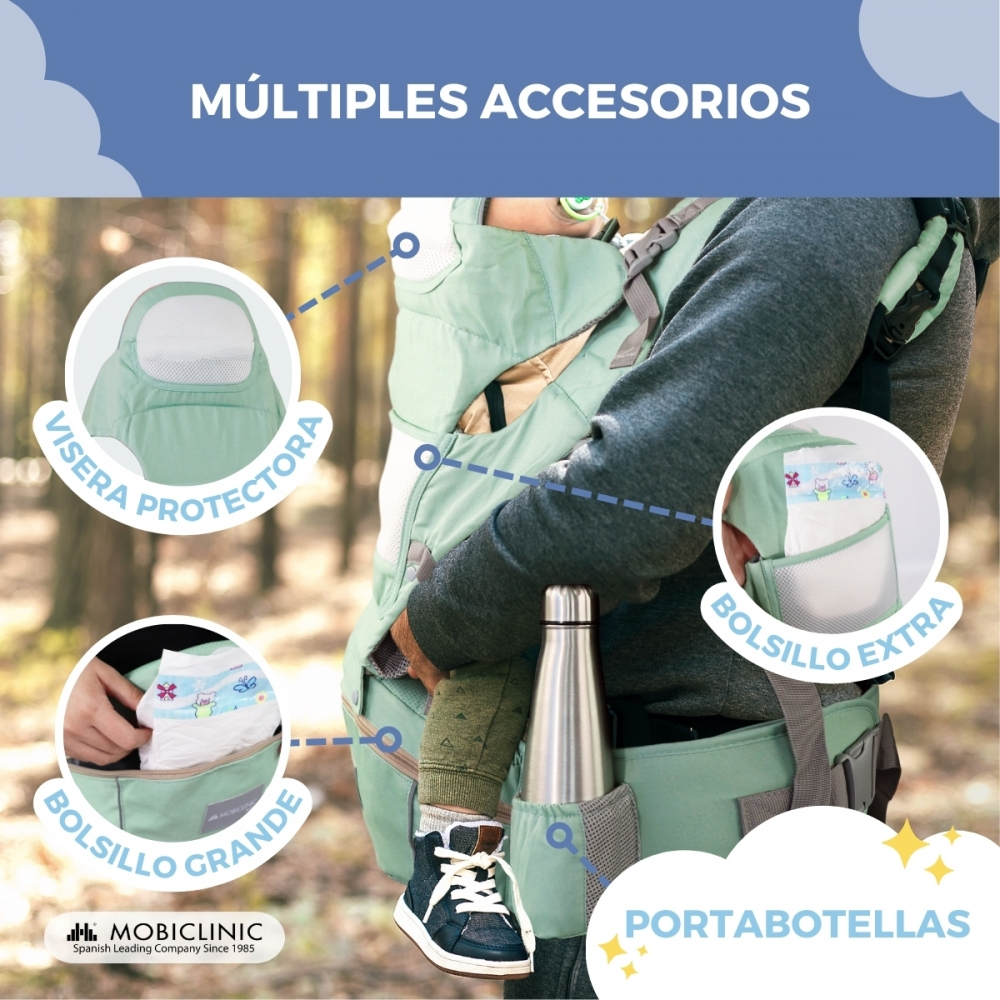 Portabebés con accesorios: visera, bolsillo pañal, portabotellas.