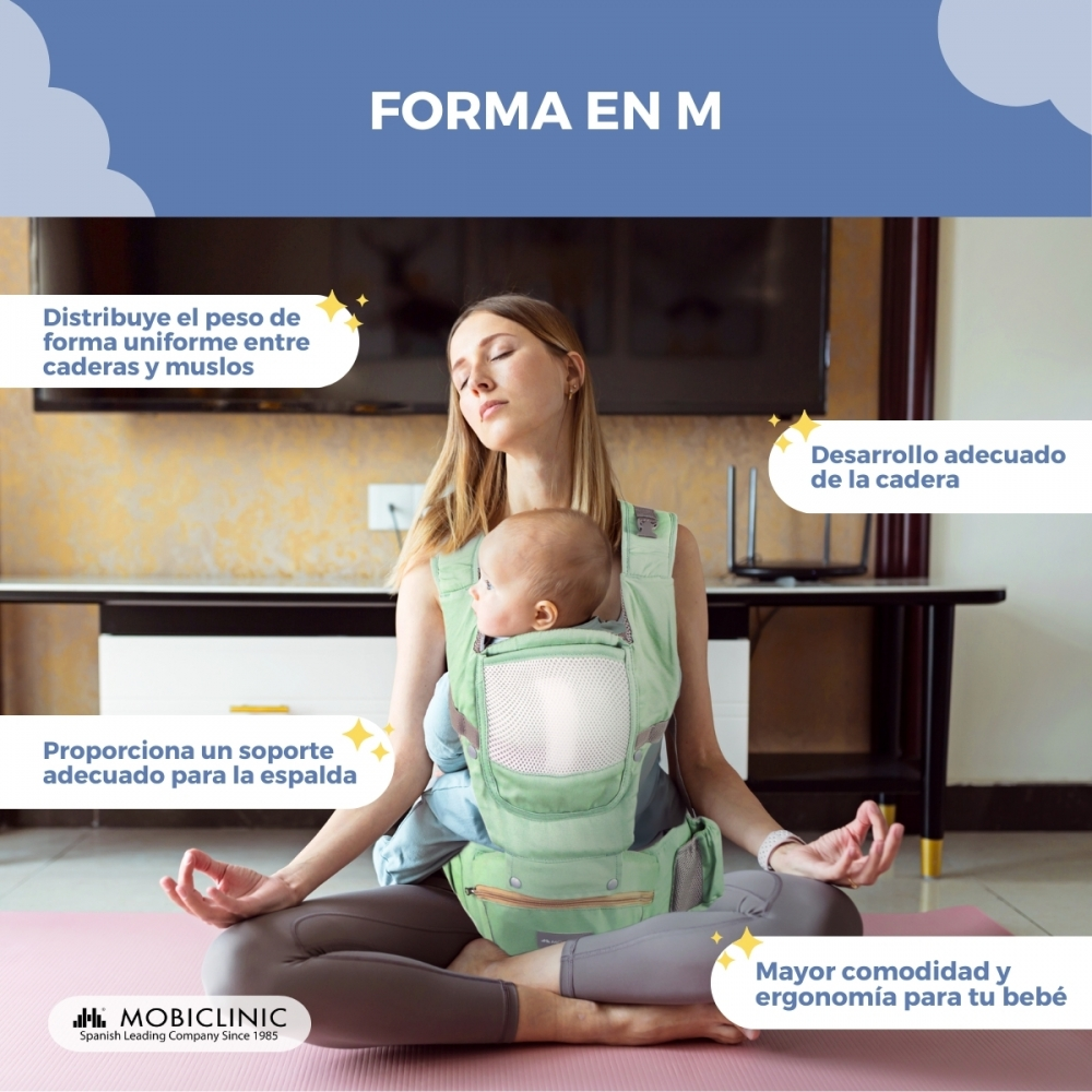 Mujer medita con portabebés M, destacando beneficios.