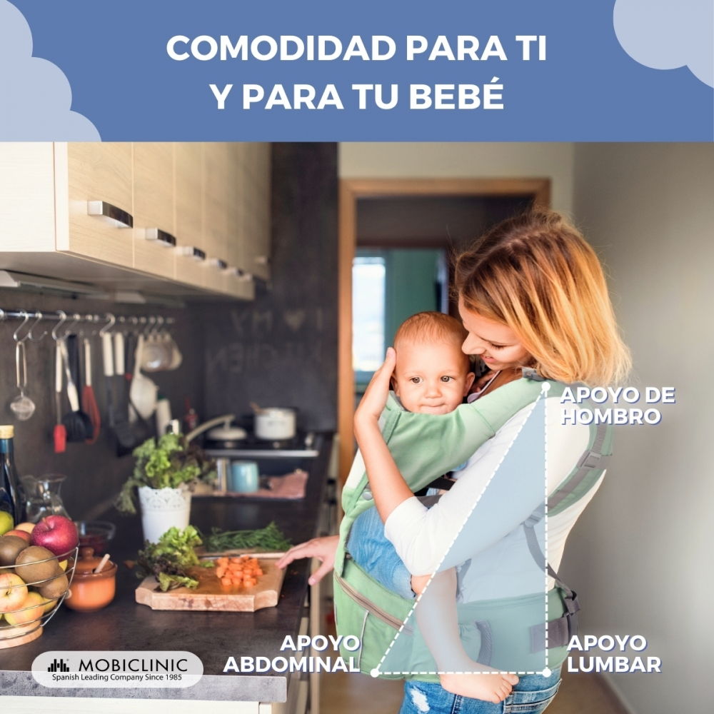 Una mujer lleva un bebé en un portabebés en la cocina. El portabebés tiene soporte de hombro, abdominal y lumbar.