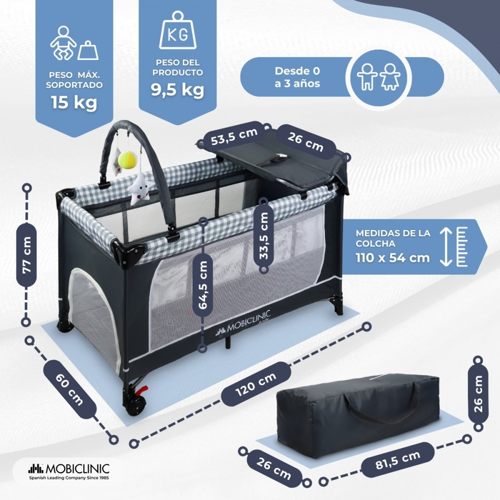 Una cuna de viaje con dimensiones y pesos. Máx. 15kg, producto 9,5kg.