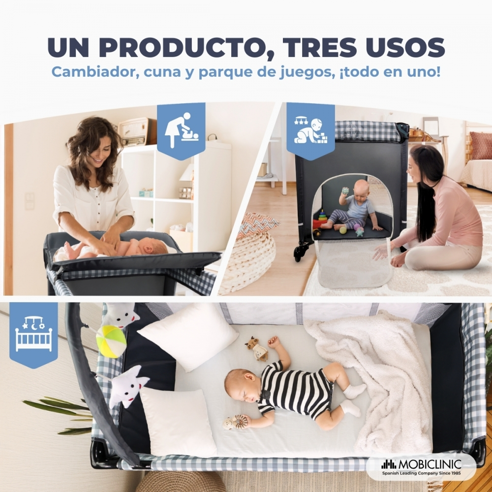 Un producto, tres usos: cambiador, cuna y parque de juegos.