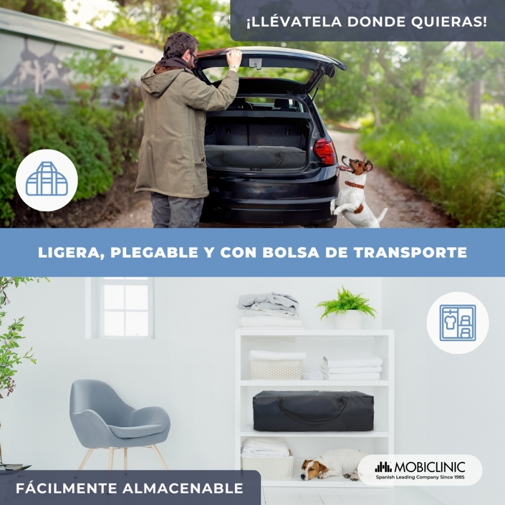 Hombre carga coche, perro salta. Abajo: estante con textiles, perro, sillón.