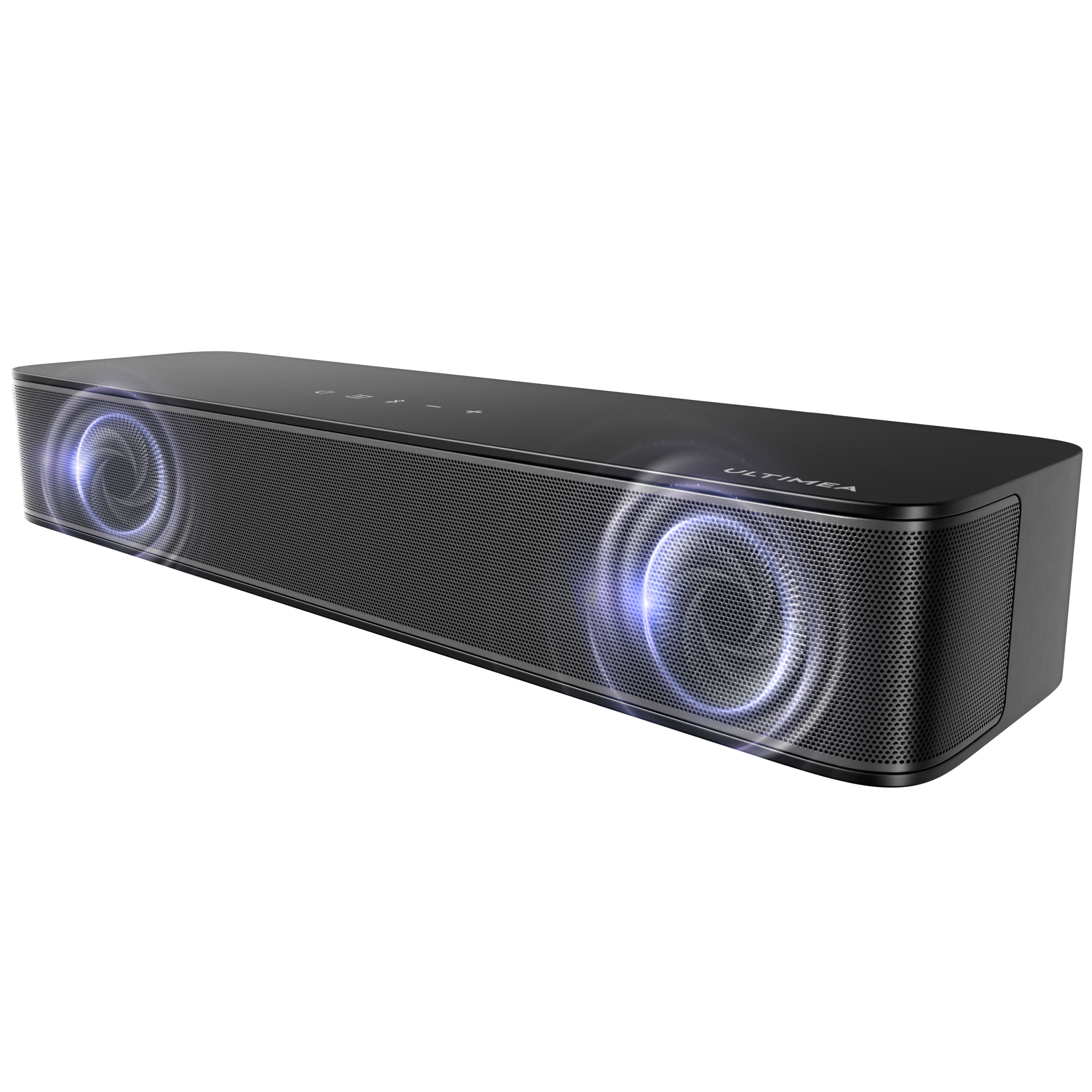 Czarny soundbar z niebieskimi efektami świetlnymi emanującymi z boków.