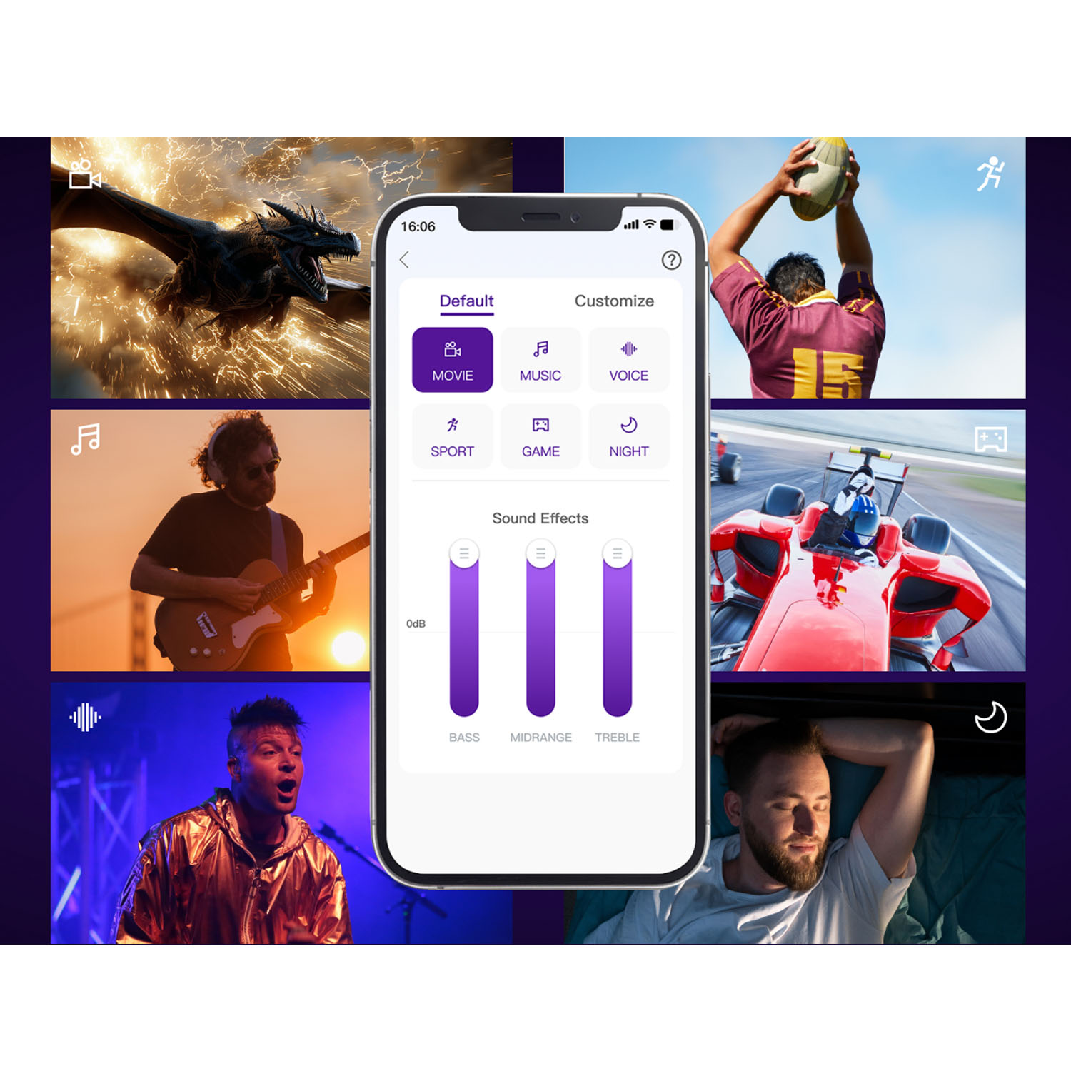 Un smartphone affiche des paramètres d'effets sonores avec des images de dragon, musicien, voiture de course et homme endormi.